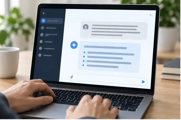 Notebook aberto em uma interface genérica de assistente de IA com uma conversa e uma lista de tópicos