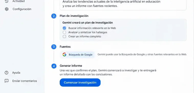 Flujo ilustrativo de Deep Research con plan de investigación, fuentes y botón para iniciar la investigación