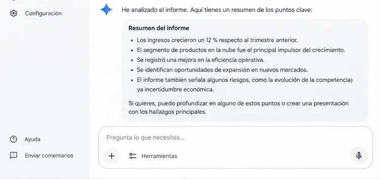 Ejemplo ilustrativo de Gemini mostrando un resumen de un informe adjunto
