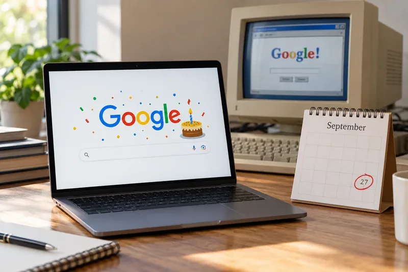桌面上的筆電顯示 Google 生日主題畫面，旁邊月曆圈出 9 月 27 日，背景有復古電腦顯示早期 Google 首頁