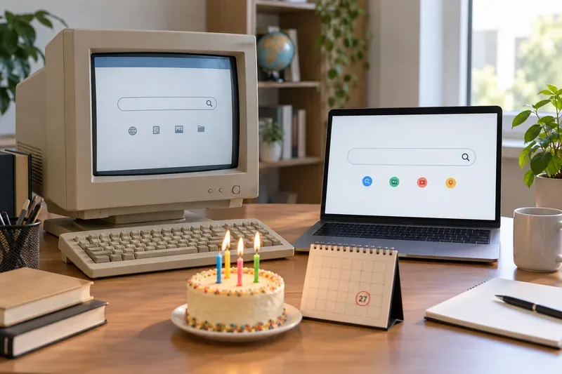 レトロなCRTモニターと現代のノートPC、検索画面、誕生日ケーキ、27日を示す卓上カレンダーが並ぶデスク