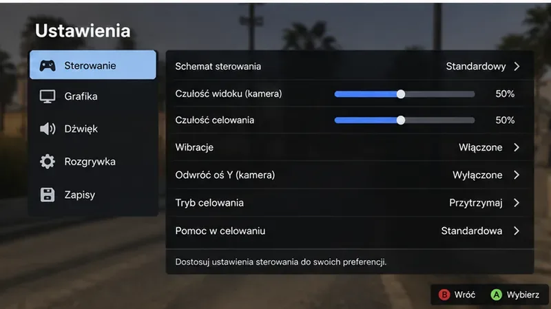 Menu ustawień sterowania z suwakami czułości widoku i celowania oraz opcjami wibracji i odwrócenia osi