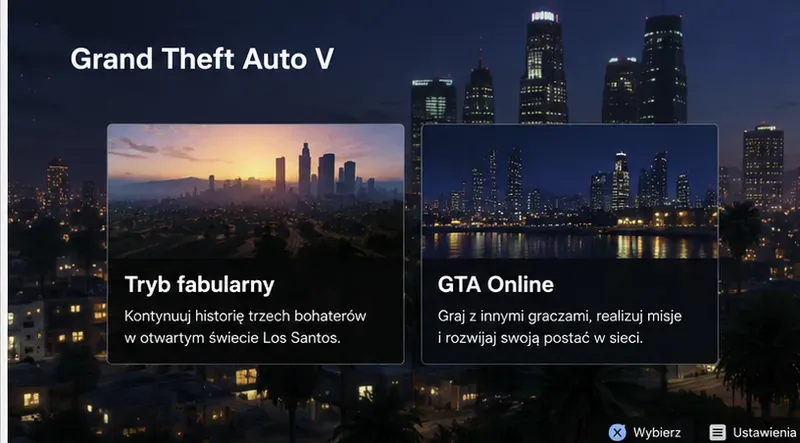 Ekran wyboru z dwiema dużymi opcjami: Tryb fabularny oraz GTA Online na tle nocnego miasta