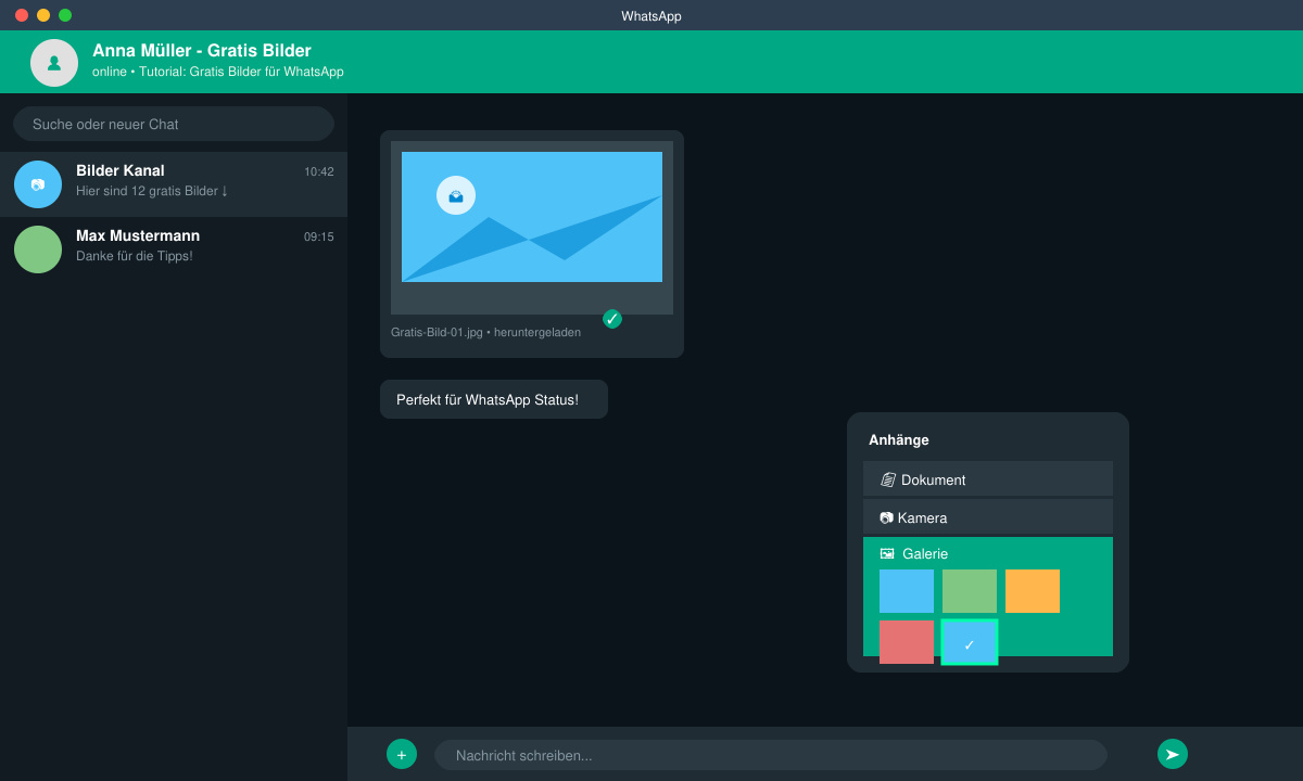 WhatsApp-Chat mit ausgewähltem Bild zum Versenden