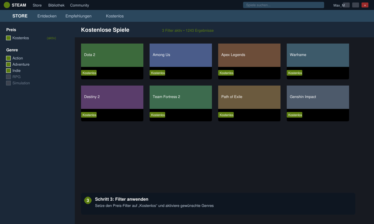 Steam Store mit aktivierten Filtern und Liste kostenloser Spiele
