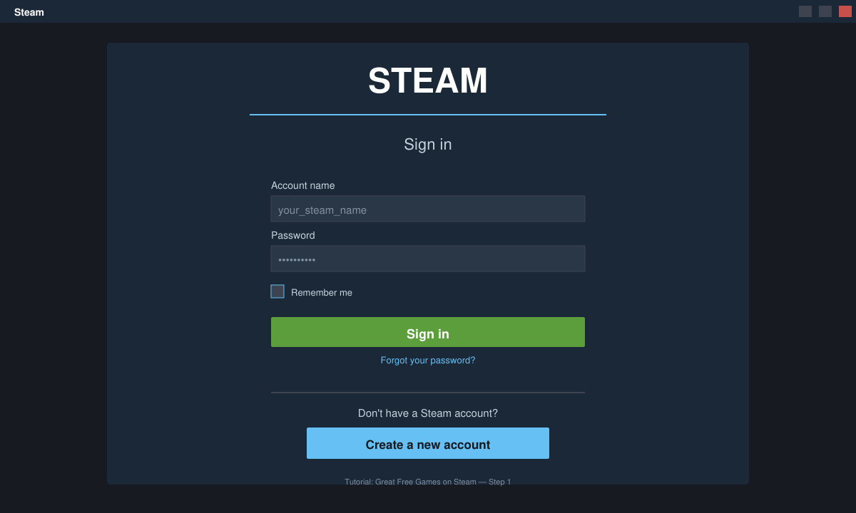 Close-up of the Steam login screen with the create account button visible