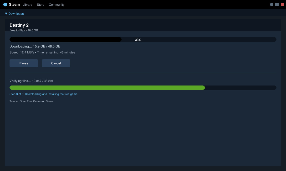 Steam download progress window showing a free game installing with percentage complete