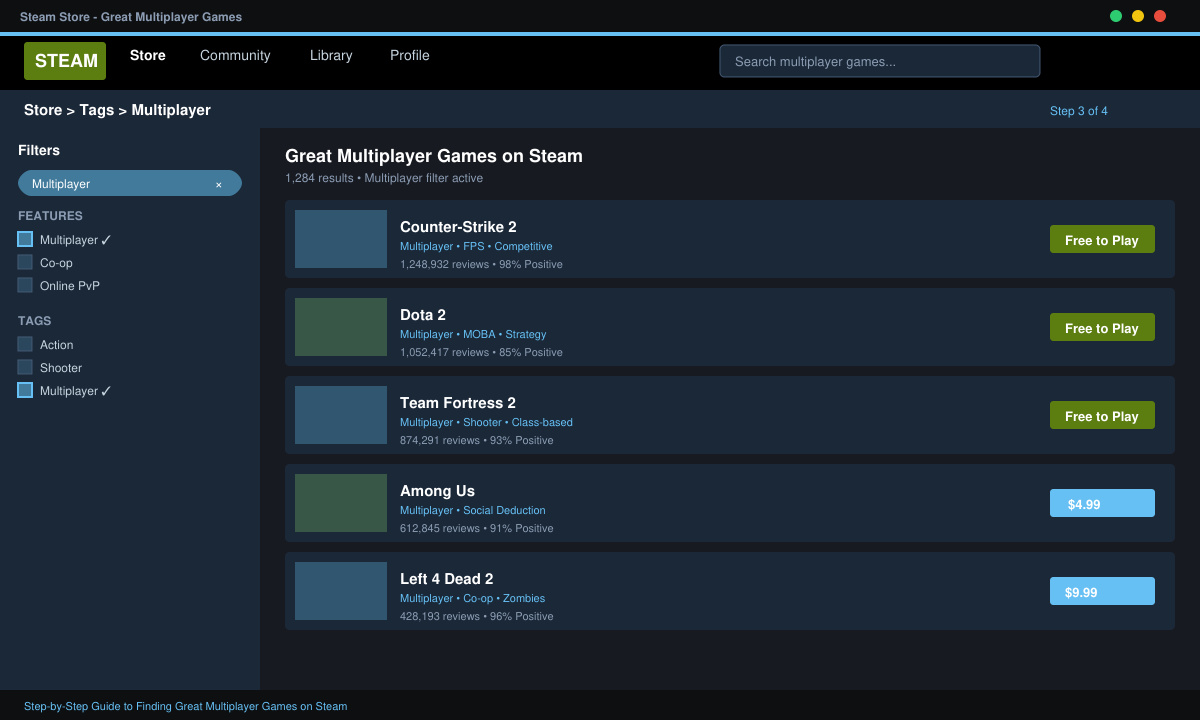 Screenshot of Steam store page with multiplayer filter applied and search results displayed
