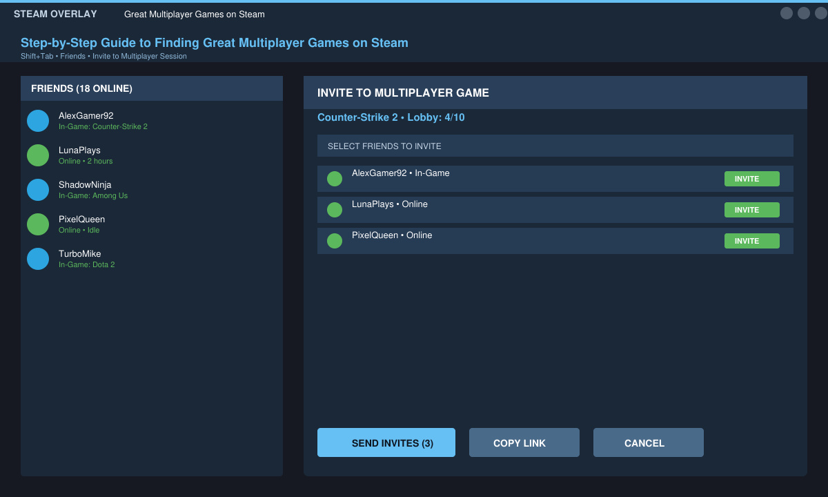 In-game screenshot of a Steam friends list overlay inviting players to a multiplayer lobby