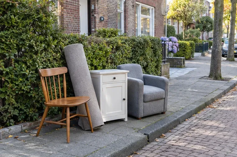 Een stoel, opgerold tapijt, klein kastje en fauteuil staan gegroepeerd aan de straatkant klaar voor de gemeentelijke grofvuilinzameling.