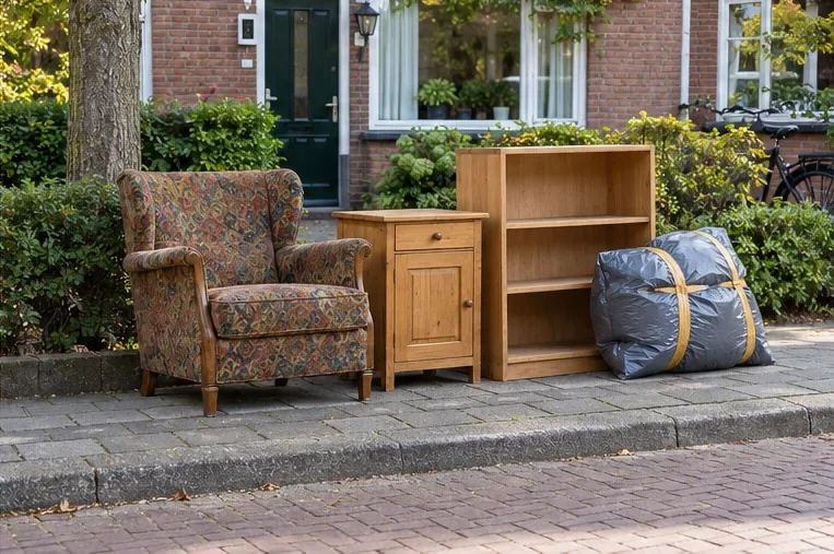 Een fauteuil, kast, boekenkast en gebundeld materiaal staan op de bestrating naast een woning.