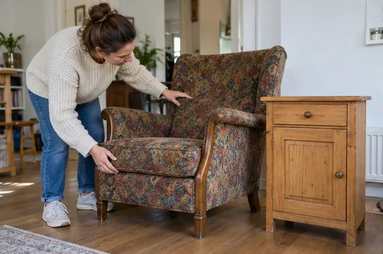 Een vrouw bekijkt een gebruikte fauteuil en houten kast om te bepalen of ze nog geschikt zijn voor hergebruik.