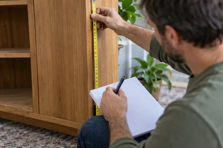 Een man meet een houten kast op en noteert gegevens op papier.