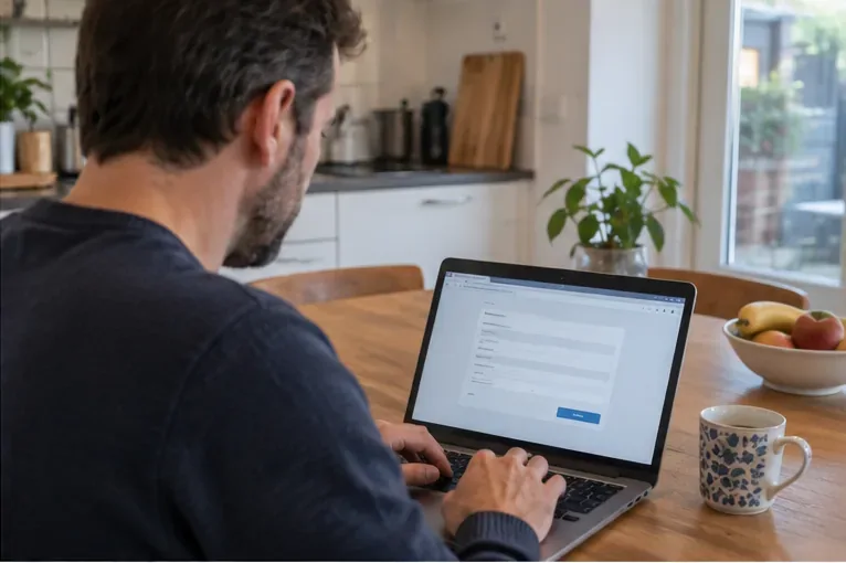 Een bewoner vult thuis op een laptop een online formulier in voor het ophalen van grofvuil