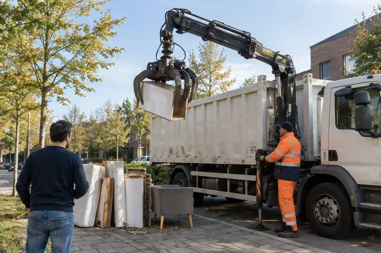 Een afvalmedewerker bedient een kraanwagen terwijl grofvuil naast de straat wordt opgehaald