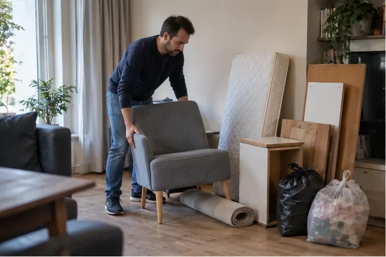 Een bewoner sorteert een stoel, matras, houten panelen en andere grote spullen in huis voordat hij grofvuil laat ophalen