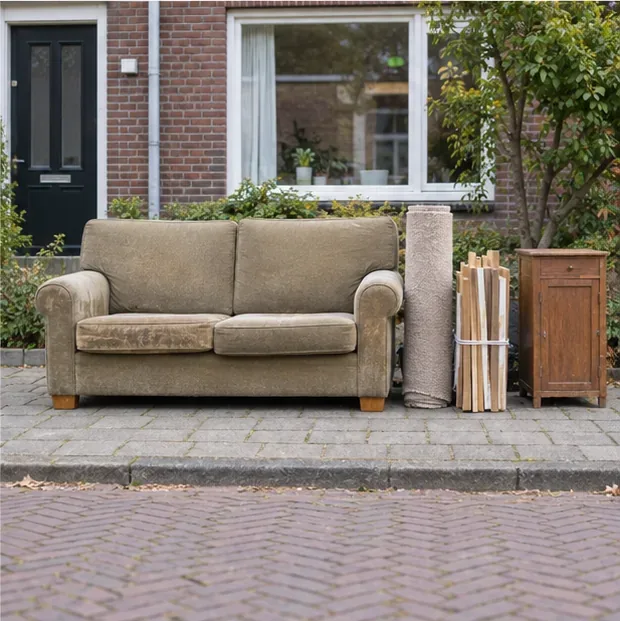 Een oude bank, opgerolde vloerbedekking, gebundelde planken en een kast staan vrij aan de straatkant bij een rijwoning.