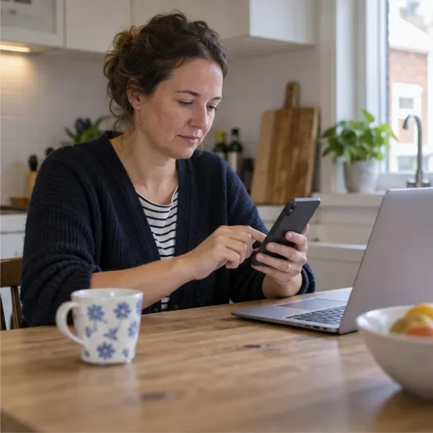 Een bewoner plant met een smartphone aan de keukentafel het ophalen van grofvuil.