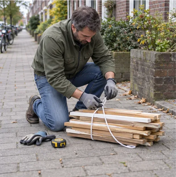 Een man bundelt houten planken met een band op de stoep; handschoenen en een meetlint liggen naast de bundel.