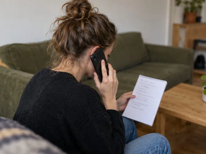 Een bewoner belt met een smartphone terwijl zij een lijst met meubels en maten controleert