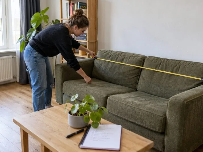 Een bewoner meet een bank in de woonkamer en noteert de afmetingen voordat grofvuil wordt aangemeld