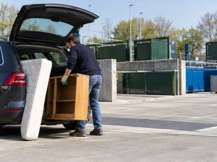 Een bewoner laadt een houten kast en matras uit bij een recyclepunt, waar materiaal apart wordt ingeleverd