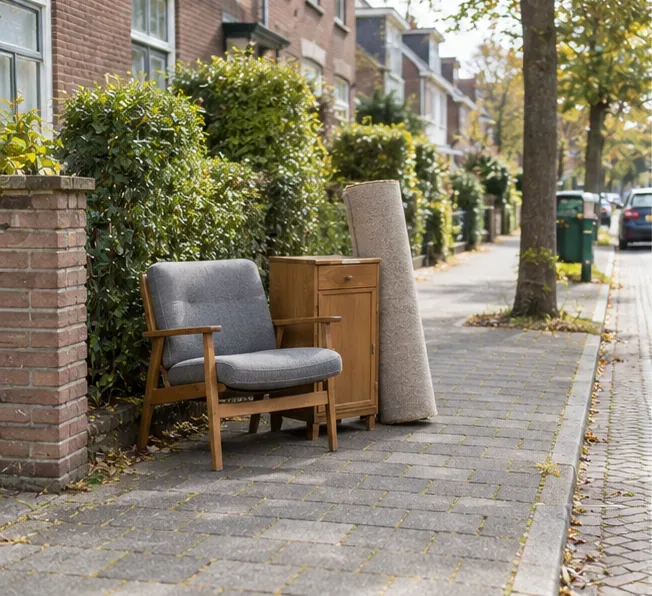 Een stoel, klein houten kastje en opgerold tapijt staan netjes gegroepeerd langs de stoep voor een afgesproken grofvuilinzameling.