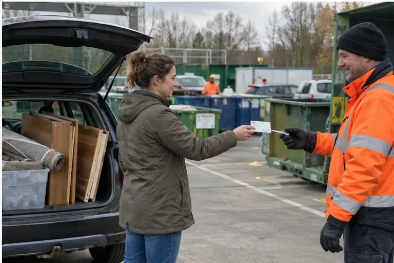 Bewoner toont een pas aan een medewerker bij een afvalbrengstation terwijl gedemonteerde meubels in de open auto liggen