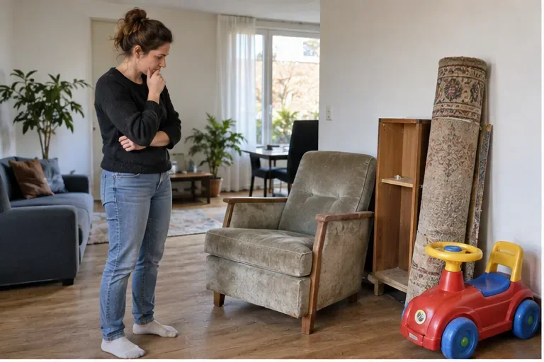Bewoner bekijkt een oude fauteuil, opgerold vloerkleed, kastdeel en groot plastic speelgoed in de woonkamer