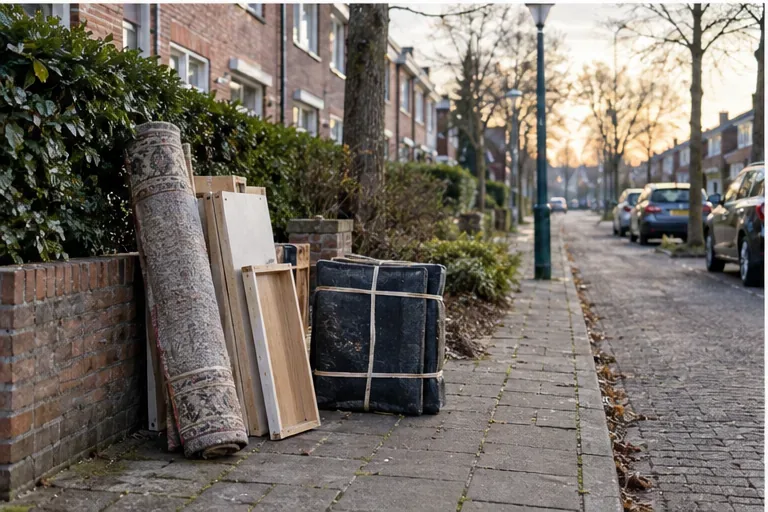 Opgerold vloerkleed, houten panelen en een gebundeld meubelonderdeel staan ordelijk langs de openbare weg