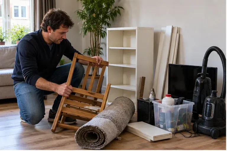 Een bewoner sorteert binnenshuis een stoel, kastdelen en opgerold tapijt voordat hij grofvuil in Breda aanmeldt