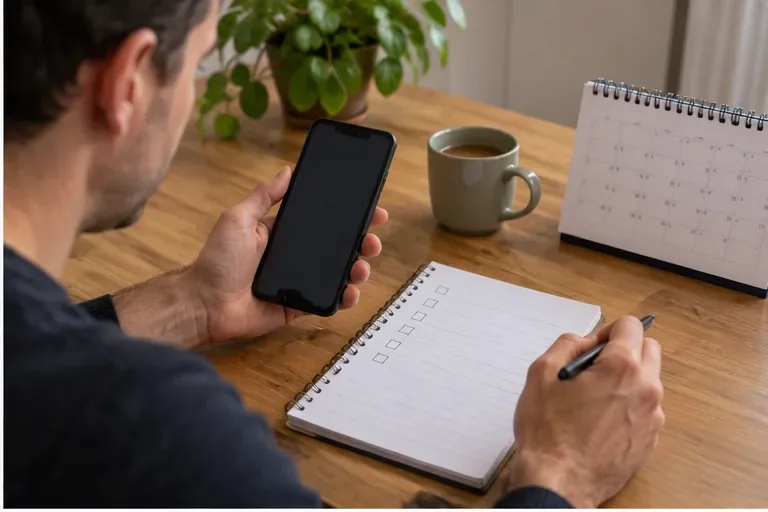 Een bewoner zit aan tafel met smartphone, kalender en checklist om de grofvuilafspraak voor Breda te plannen