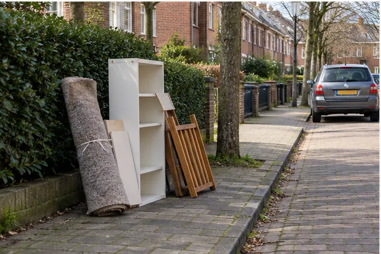 Opgerold tapijt, een kast en een stoel staan compact bij de stoep klaar voor afgesproken grofvuilinzameling