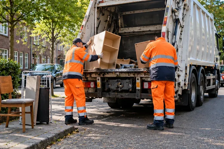 Twee afvalinzamelaars laden een kastje vanaf de straat in een vuilniswagen terwijl het overige grofvuil klaarstaat.