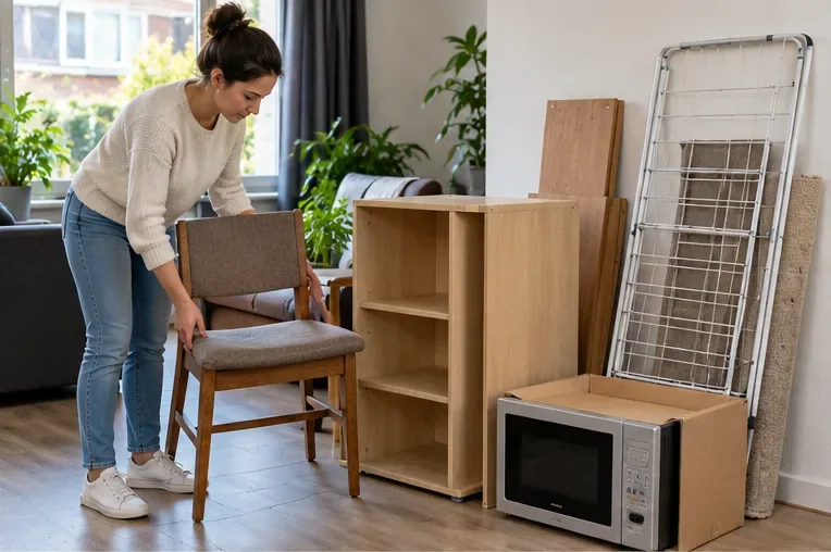 Een bewoner verzamelt een stoel, kastje, droogrek, tapijt en klein elektrisch apparaat voordat zij een grofvuilafspraak maakt.