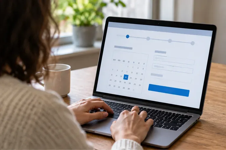 Een bewoner gebruikt een laptop met een kalenderformulier om een ophaaldag voor grofvuil te kiezen.