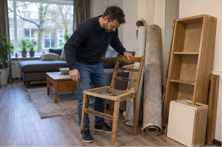 Een bewoner bekijkt een oude stoel, opgerold tapijt en houten kastdelen om te bepalen wat als grof afval moet worden aangemeld.