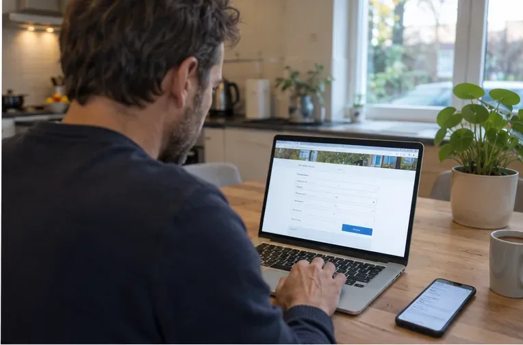 Een bewoner vult thuis op een laptop gegevens in voor een afspraak om grof afval te laten ophalen.