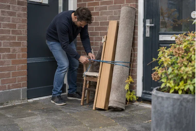 Een bewoner bindt een opgerold tapijt, houten delen en een oude stoel samen zodat het grof afval hanteerbaar klaarstaat.