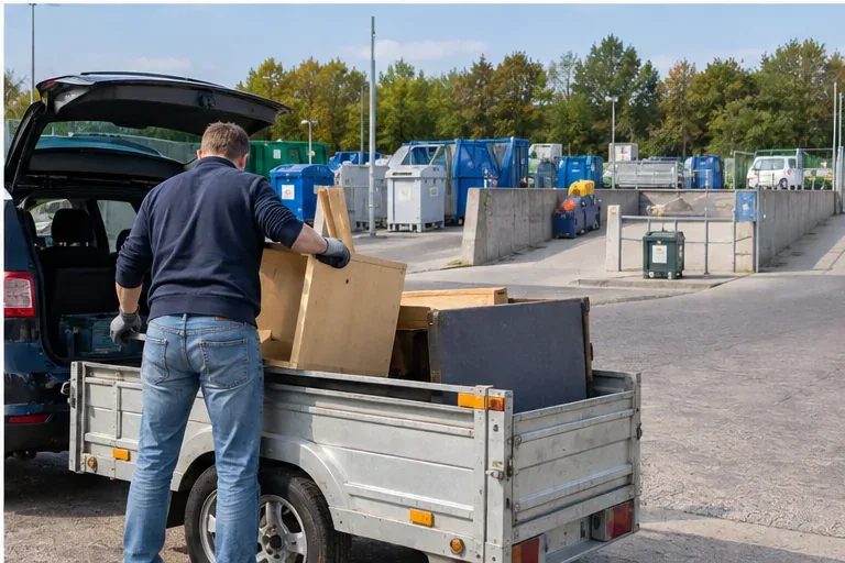 Bewoner die houten meubels met een aanhanger naar een afvalbrenglocatie brengt