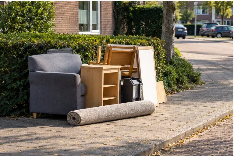 Stoel, houten meubels en opgerold tapijt die netjes bij een woning klaarstaan voor een afgesproken grofvuilmoment