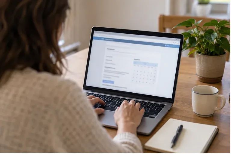 Bewoner die thuis op een laptop een online afspraak voor grofvuil voorbereidt