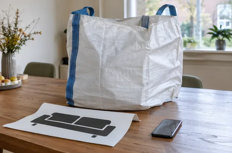 Een Big Bag en een grote meubelsticker liggen klaar naast een telefoon op een tafel