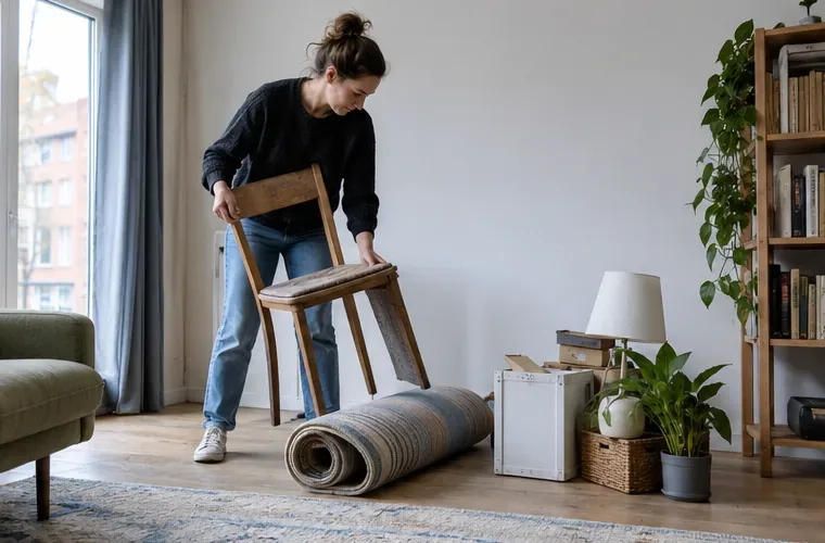 Een bewoner sorteert een oude stoel, opgerold tapijt en huishoudelijke spullen in een woning