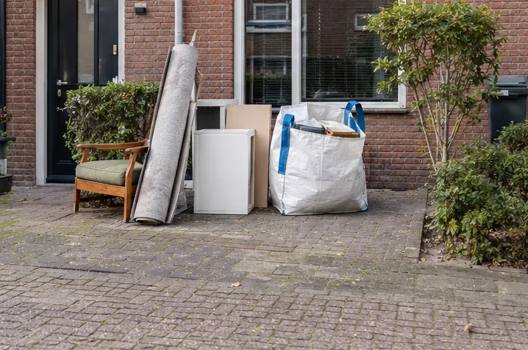 Een Big Bag en grof huishoudelijk afval staan op een verharde, goed bereikbare plek bij een woning