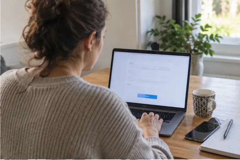 Vrouw zit thuis achter een laptop om een afspraak voor het ophalen van grofvuil te regelen