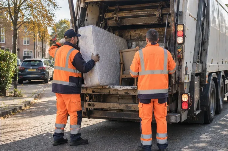 Twee inzamelmedewerkers laden een matras en stoel in een vuilniswagen in een woonstraat