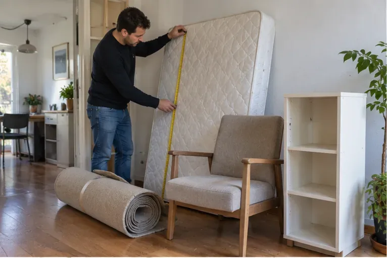 Man meet een matras naast een stoel, opgerold tapijt en kast om de hoeveelheid grofvuil te bepalen