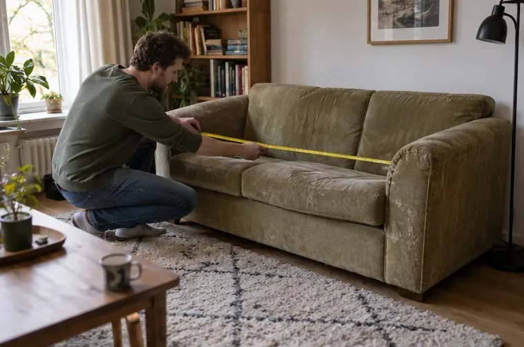 Een bewoner meet met een rolmaat de lengte van een bank in de woonkamer
