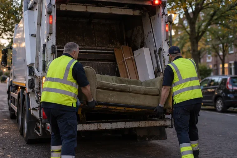 Twee medewerkers in reflecterende werkkleding laden een bank en houten panelen in een inzamelwagen